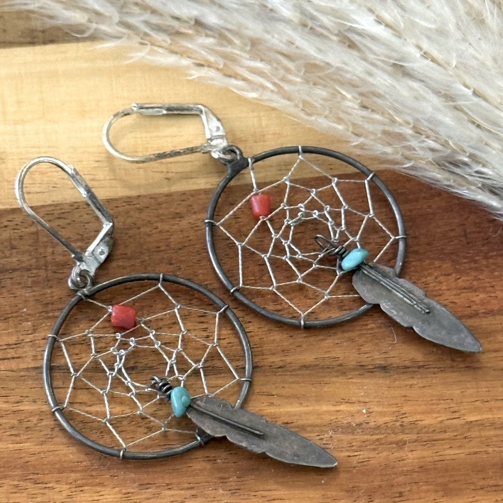 Dreamcatcher Earrings with Coral and Turquoise Accents